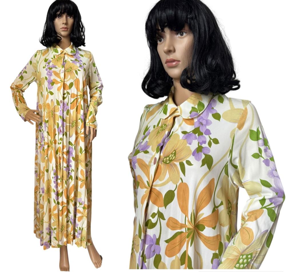 American Vintage Unbranded 70s Floral Maxi Coat Dress Button Side Pocket Medium
